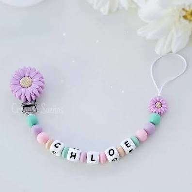 Chupetero de silicona personalizado con nombre | Clip Flor + Figura Flor
