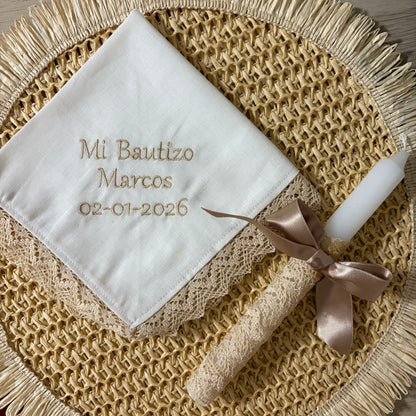 Pañuelo y vela bautizo personalizado