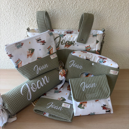 Bolso Grande, Neceser Pañalera, Portadocumentos, Cambiador, Neceser Grande y Cojin Antivuelco Personalizado