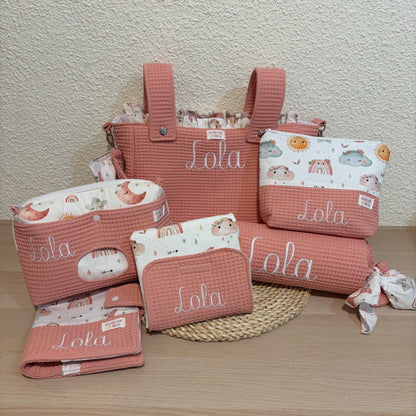 Bolso Grande, Neceser Pañalera, Portadocumentos, Cambiador, Neceser Grande y Cojin Antivuelco Personalizado