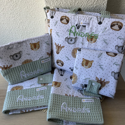 Canastilla Bebé Personalizada Completa con Nombre – Set con Bolso Bombonera, Neceser, Cambiador, Portatoallitas y Portadocumentos