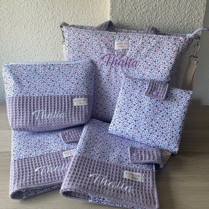Canastilla Bebé Personalizada Completa con Nombre – Set con Bolso Bombonera, Neceser, Cambiador, Portatoallitas y Portadocumentos