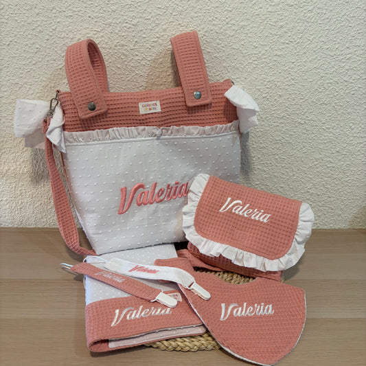 Bolso Panera Grande + Cambiador , Portatoallitas, Chupetero + Mordedor y Babero Personalizado