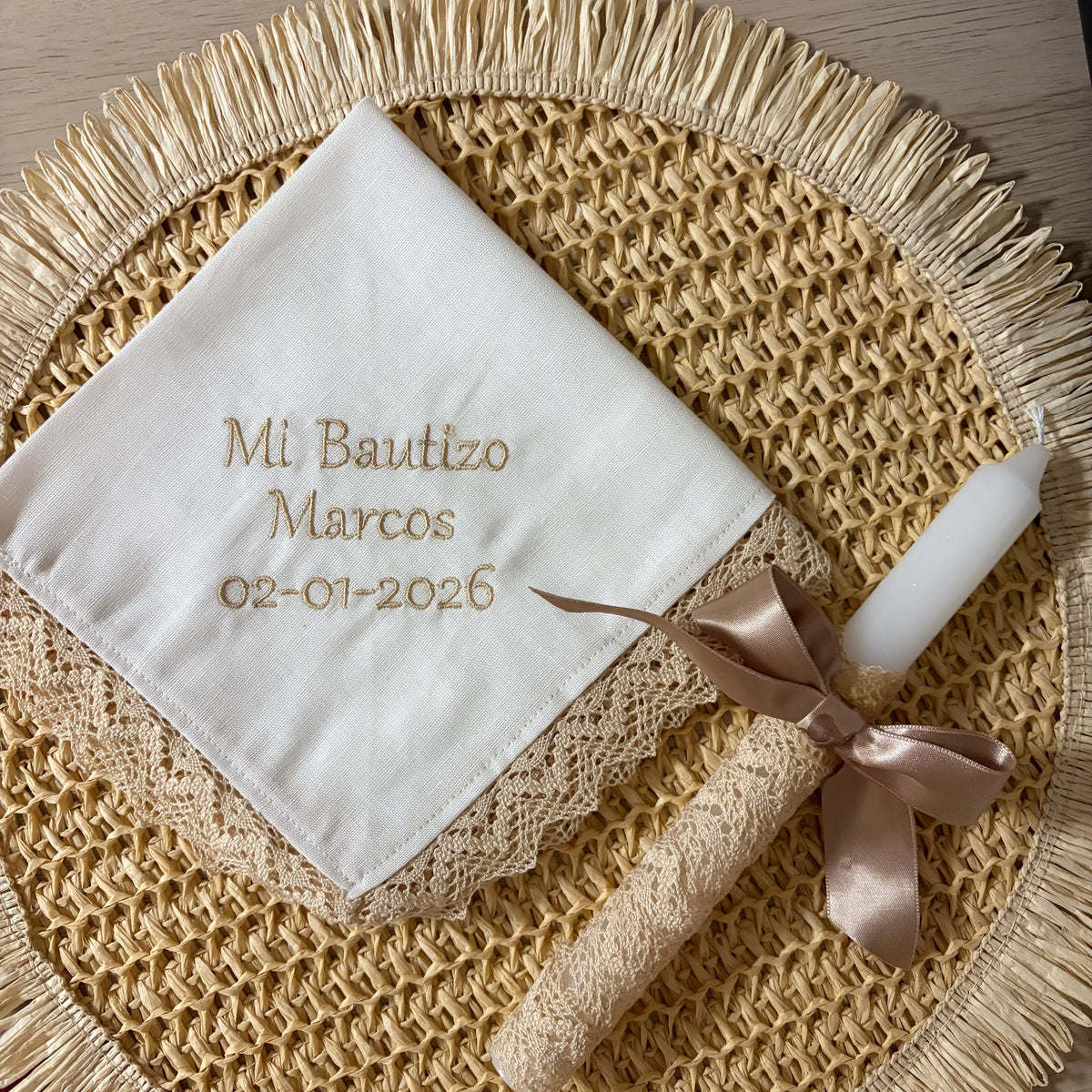 Conjunto de pañuelo y vela para bautizo de bebé personalizado